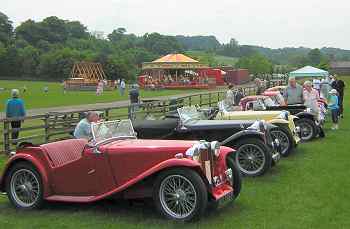 photograph: A row of old MG cars in a field with visitors looking on.